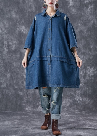 Casual Marinblå Oversized Patchwork Denim Ripped Trench Coats Armband Ärm