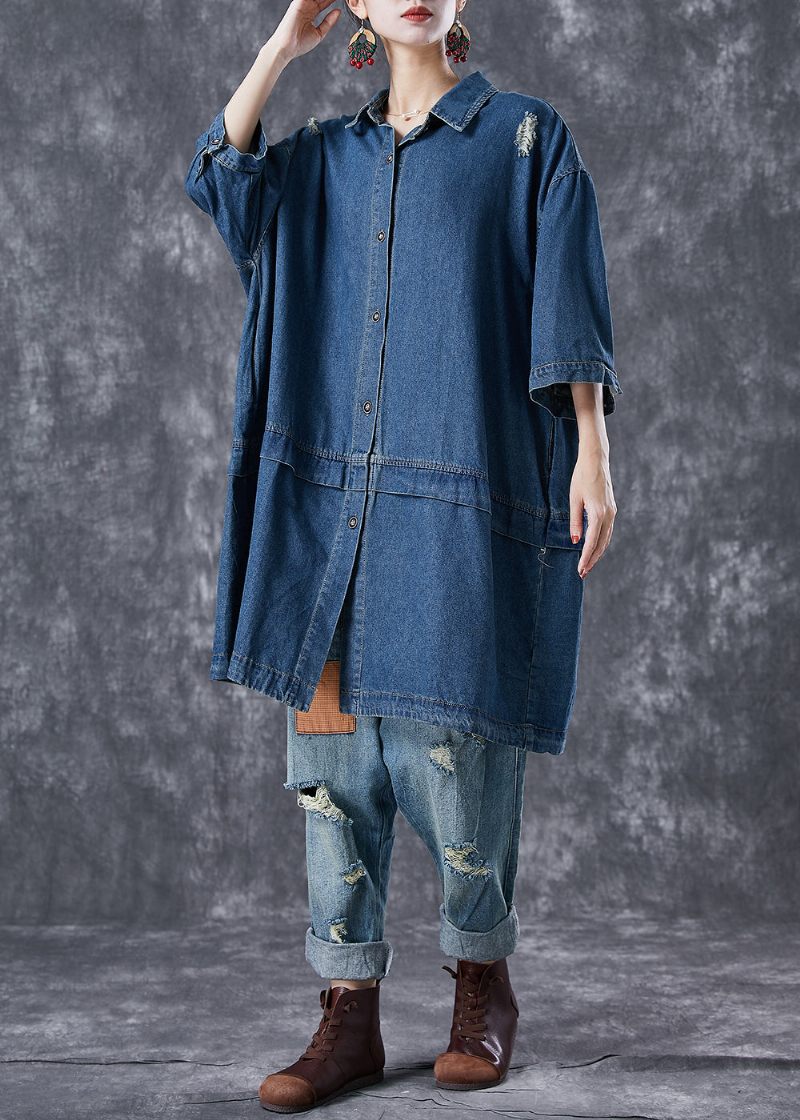 Casual Marinblå Oversized Patchwork Denim Ripped Trench Coats Armband Ärm - Trenchcoats för kvinnor