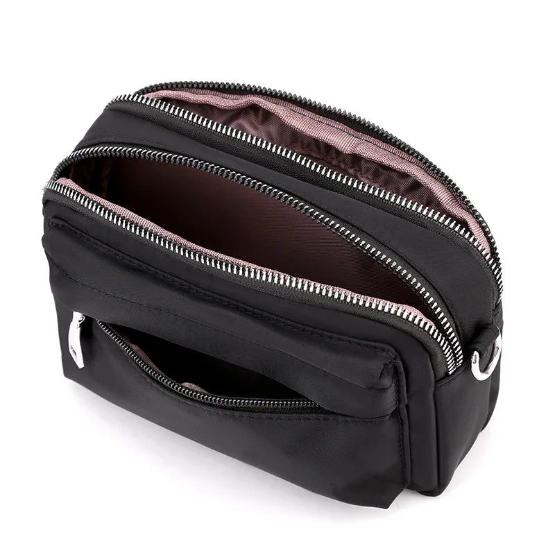 Casual Mobiltelefonväska Kvinnlig Nylon Clutch Lättvikt Outdoor Travel Axelväskor Solid Messenger Bag För Kvinnor - Svart