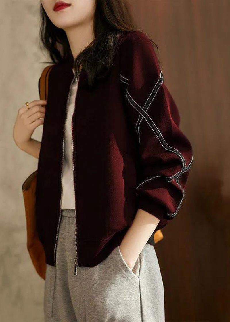 Casual Mulberry Zip Up Patchwork Bomullsjacka Höst