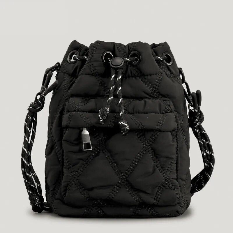 Casual Nylon Vadderade Axelväskor För Kvinnor Quiltad Dragsko Crossbody-väska Vintage Bucket Bag Small Tote Damväskor Vinter - Svart