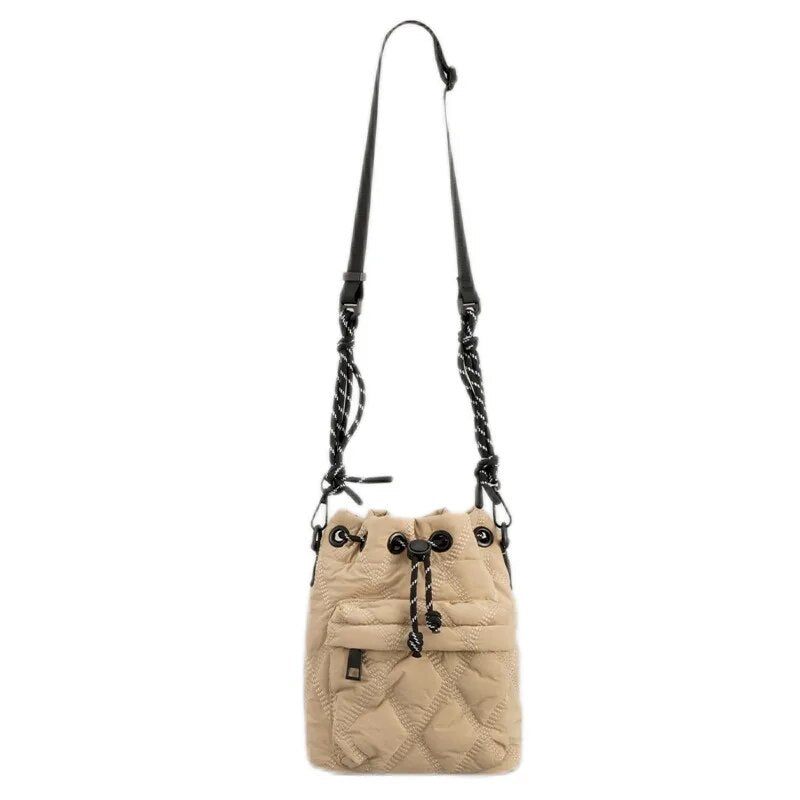 Casual Nylon Vadderade Axelväskor För Kvinnor Quiltad Dragsko Crossbody-väska Vintage Bucket Bag Small Tote Damväskor Vinter - Svart