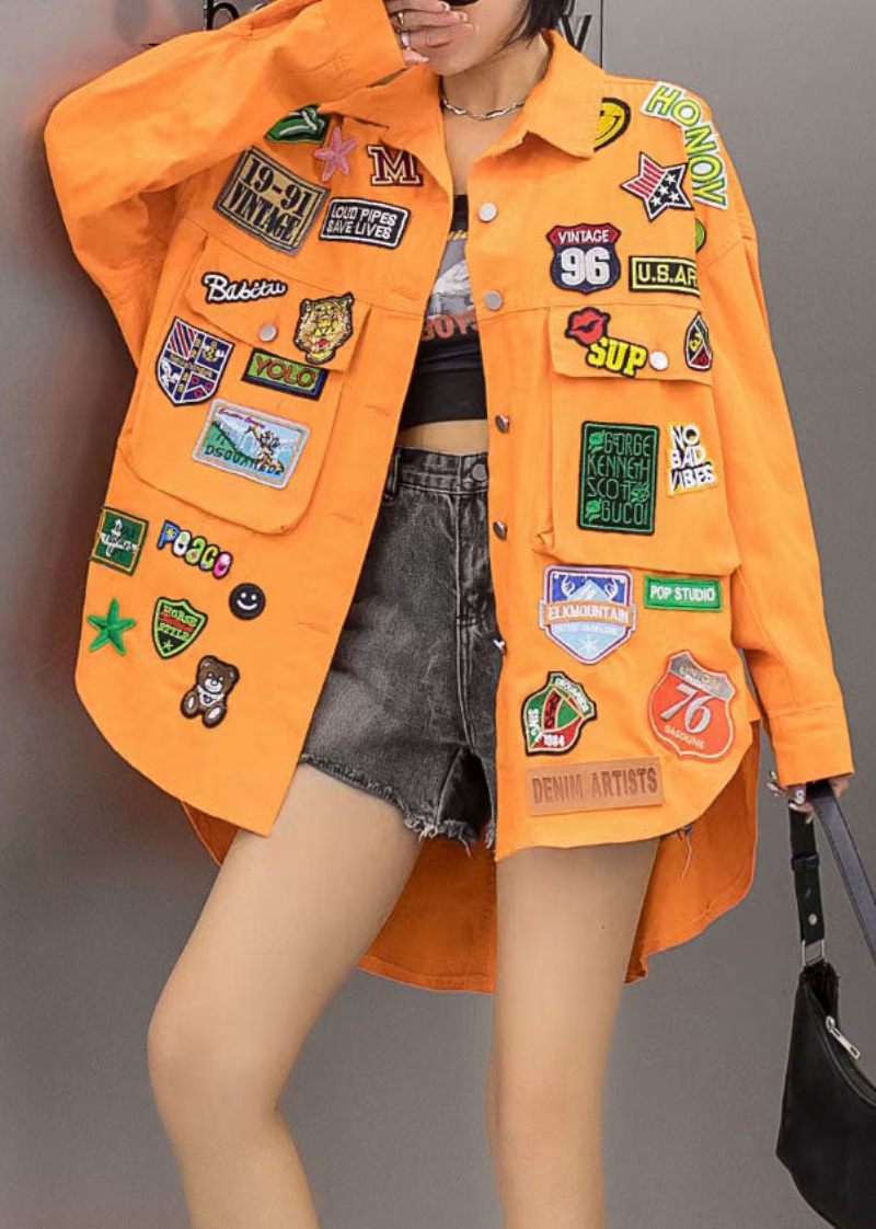 Casual Orange Fickor Grafisk Patchwork Denim Coat Spring