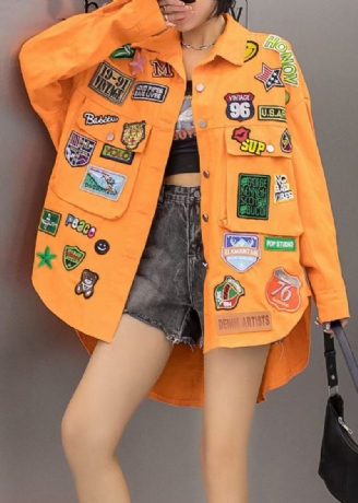 Casual Orange Fickor Grafisk Patchwork Denim Coat Spring