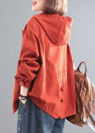 Casual Orange Hooded Chinese Button Denim Coat Långärmad