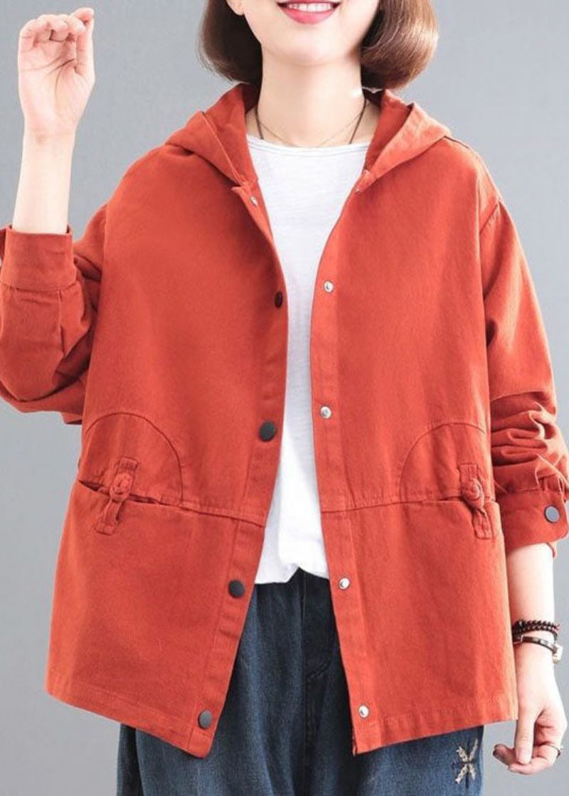 Casual Orange Hooded Chinese Button Denim Coat Långärmad - Vinterkappor för kvinnor