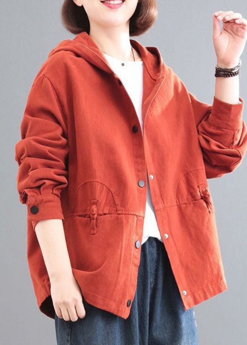 Casual Orange Hooded Chinese Button Denim Coat Långärmad - Vinterkappor för kvinnor