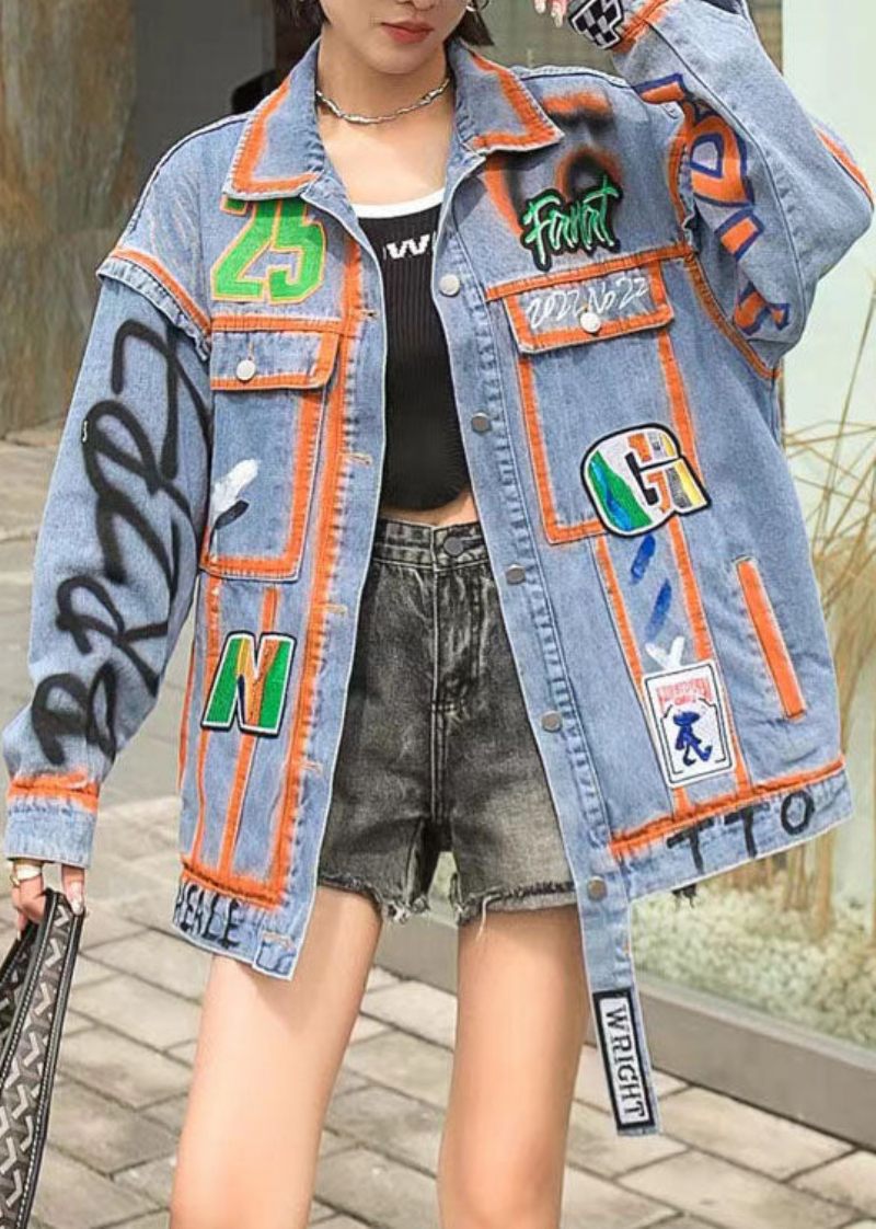 Casual Orange Peter Pan Krage Fickor Grafisk Patchwork Denim Coat Spring