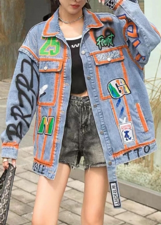 Casual Orange Peter Pan Krage Fickor Grafisk Patchwork Denim Coat Spring