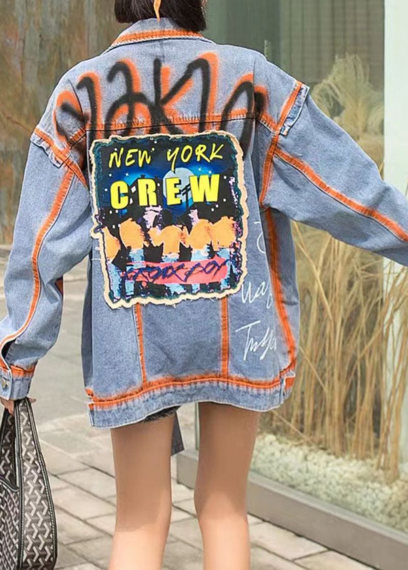 Casual Orange Peter Pan Krage Fickor Grafisk Patchwork Denim Coat Spring - Vinterkappor för kvinnor