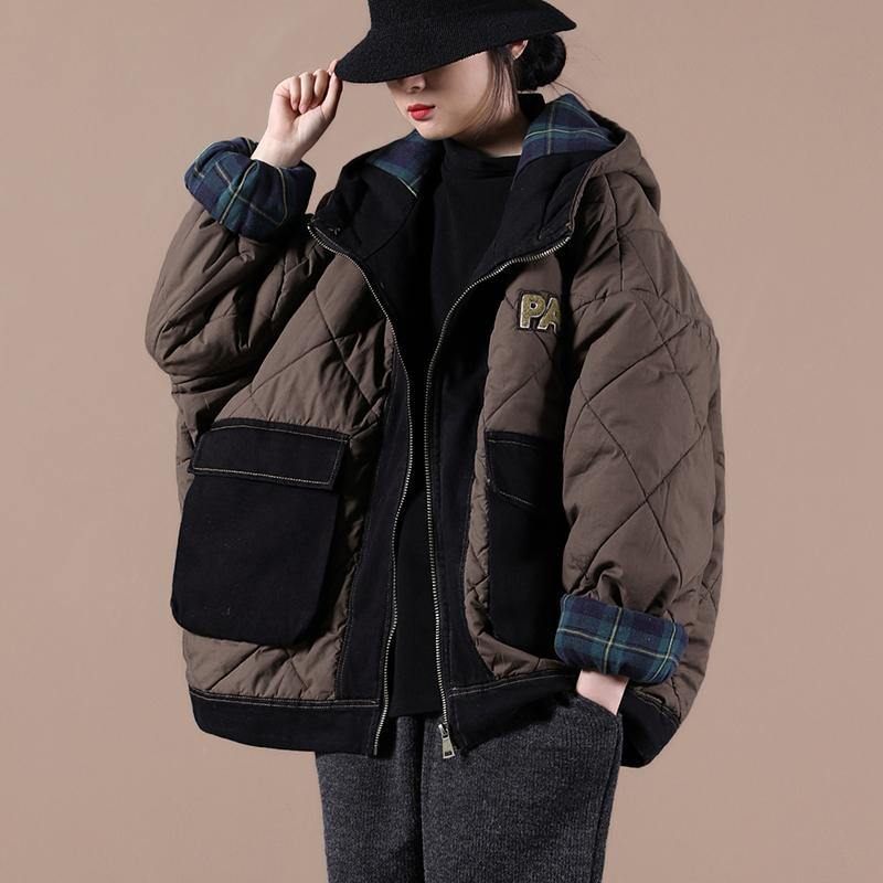 Casual Oversize Varm Vinterkappa Choklad Luva Patchwork Pläd Parkas För Kvinnor