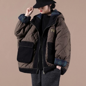 Casual Oversize Varm Vinterkappa Choklad Luva Patchwork Pläd Parkas För Kvinnor