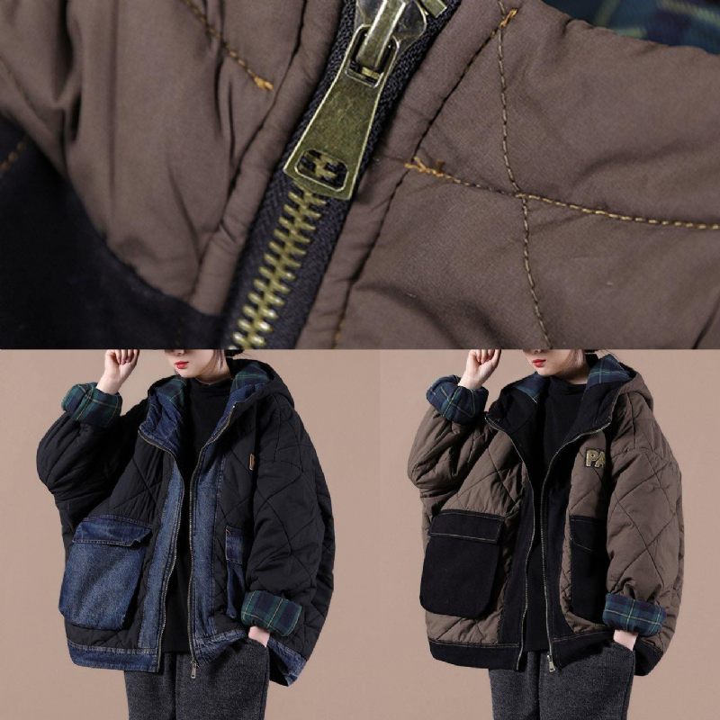 Casual Oversize Varm Vinterkappa Choklad Luva Patchwork Pläd Parkas För Kvinnor - Svart