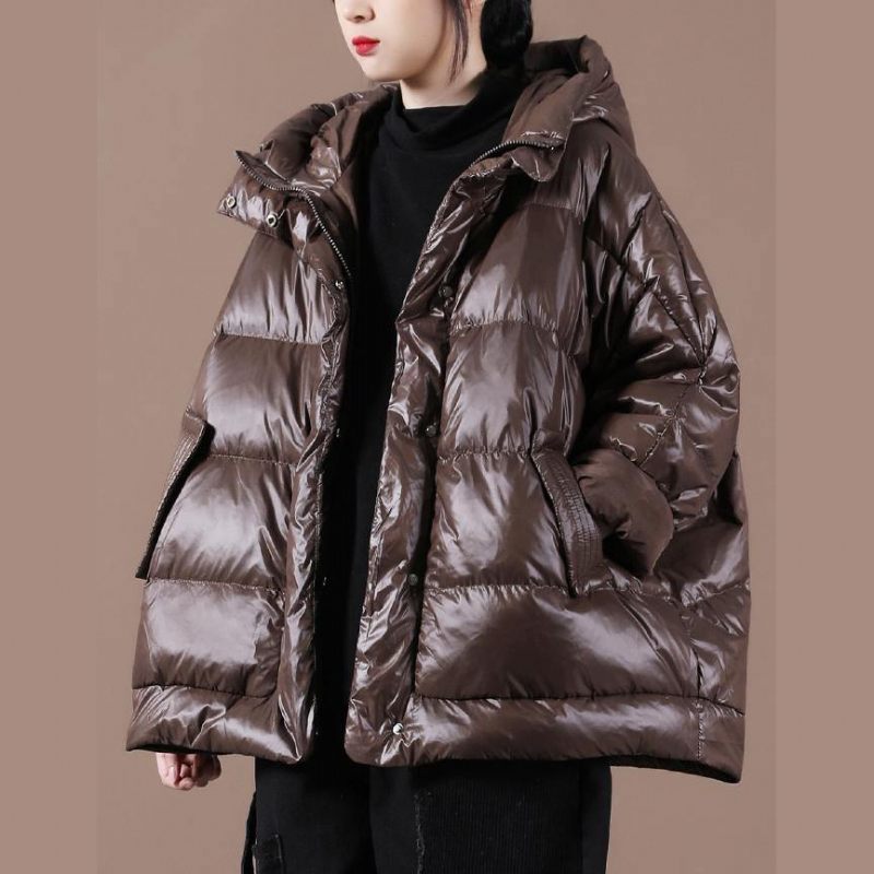 Casual Plus Size Damparkas Jackor Choklad Huva Kappa Med Dragkedja - Svart