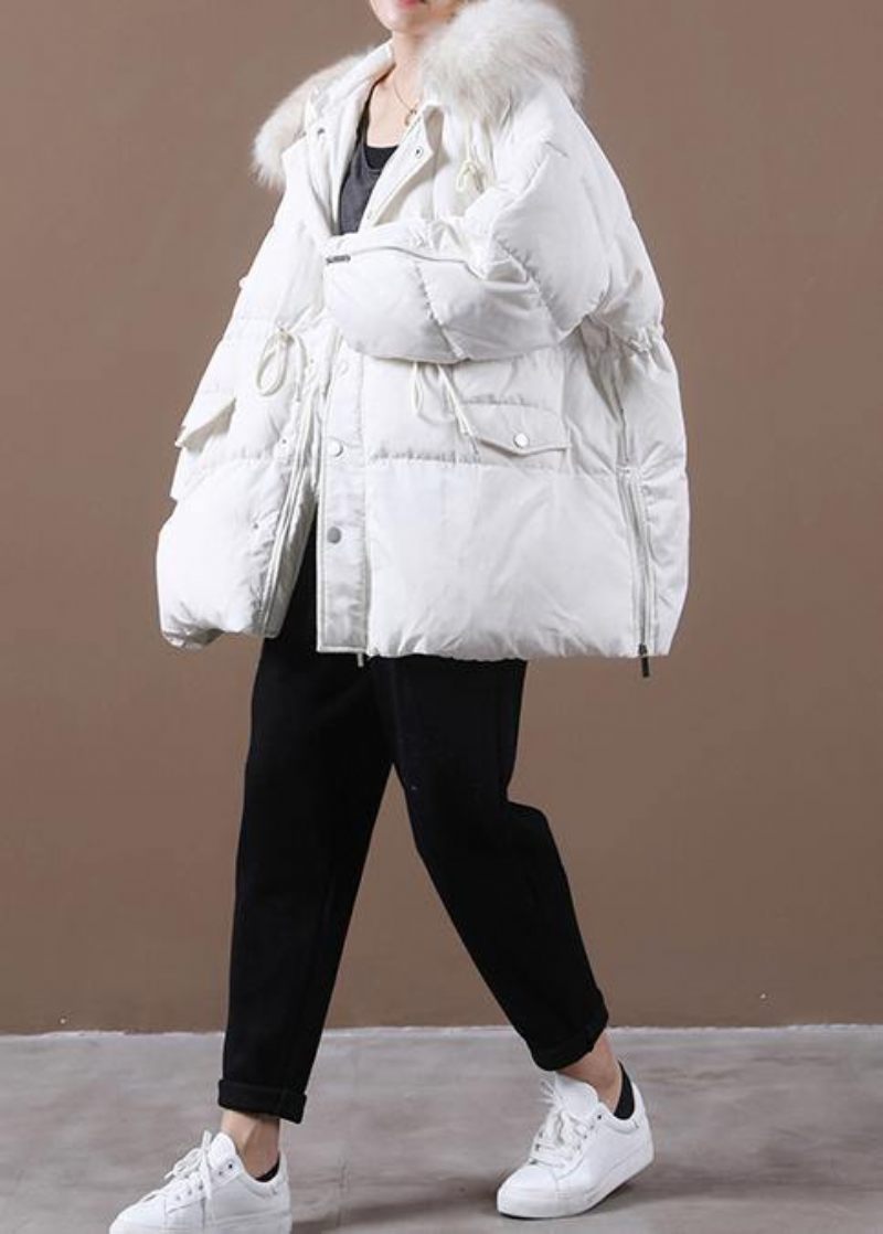 Casual Plus Size Snöjackor Vinter Ytterkläder Vit Luva Pälskrage Gås Dunrock - Svart