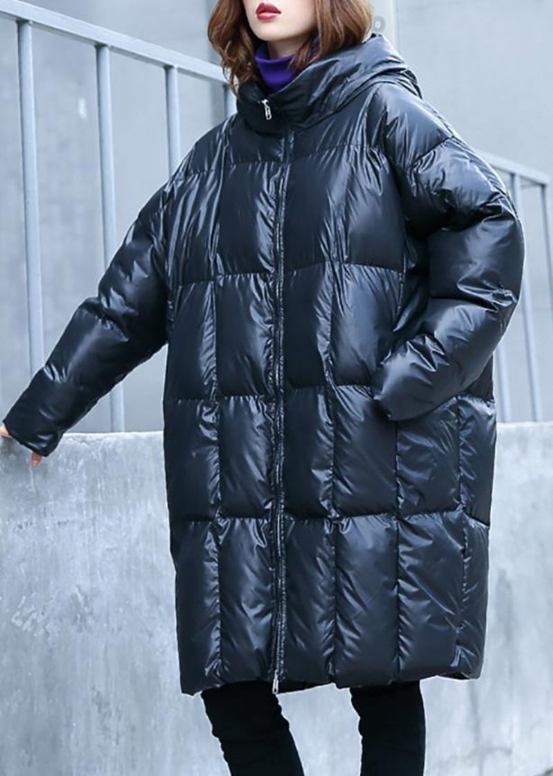 Casual Plus Size Varm Vinterkappa Överjacka Svarta Parkas Med Dragkedja - Svart