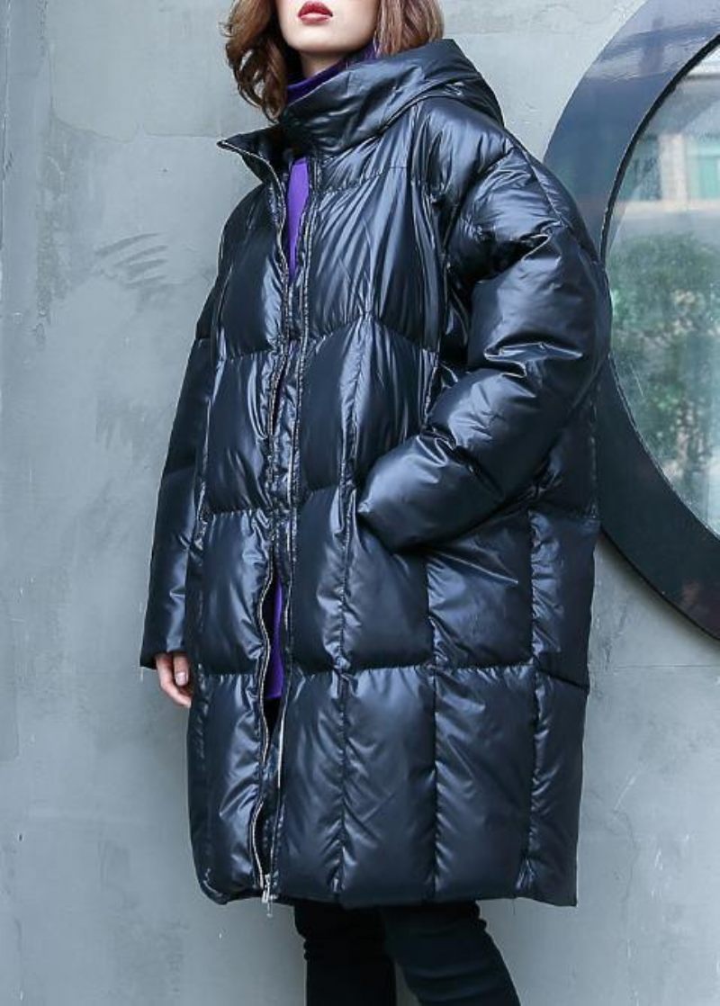 Casual Plus Size Varm Vinterkappa Överjacka Svarta Parkas Med Dragkedja - Svart