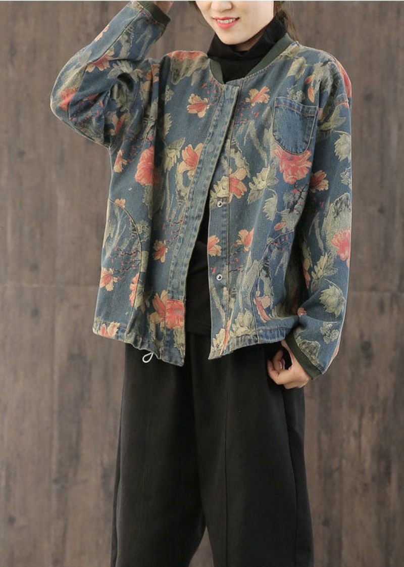 Casual Retro Print Button Fall Denim Coat - Dunjackor för kvinnor