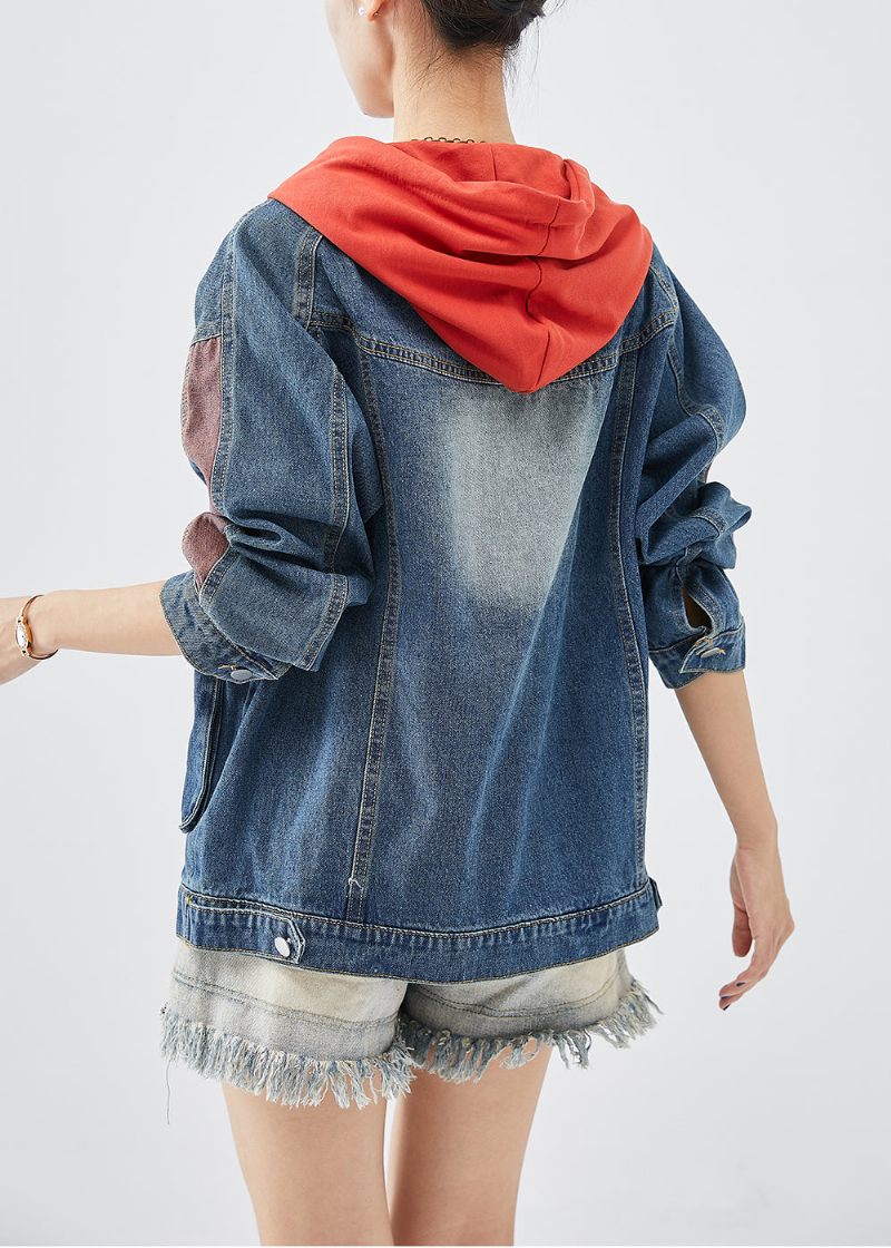 Casual Röd Hooded Patchwork Denimrockar Höst - Vinterkappor för kvinnor