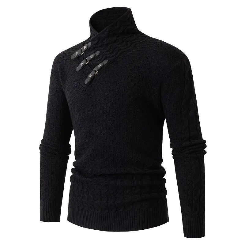 Casual Slim Knit Tröja Pullover Höst Och Vinter Långärmad Scarf Krage Herr - Svart