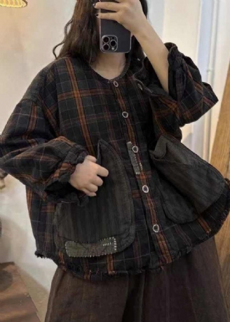 Casual Svart Brun Pläd Oversized Patchwork Stora Fickor Fin Bomullsfylld Kappa Vinter