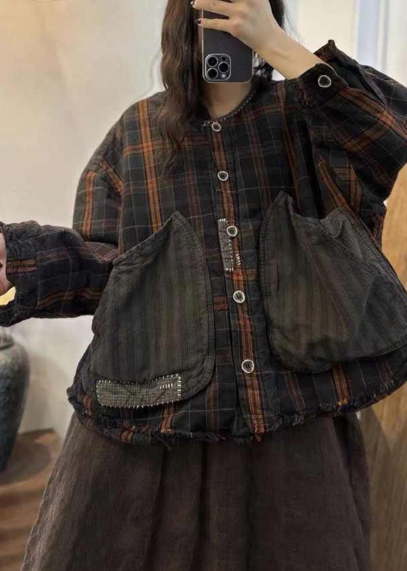 Casual Svart Brun Pläd Oversized Patchwork Stora Fickor Fin Bomullsfylld Kappa Vinter - Dunjackor för kvinnor