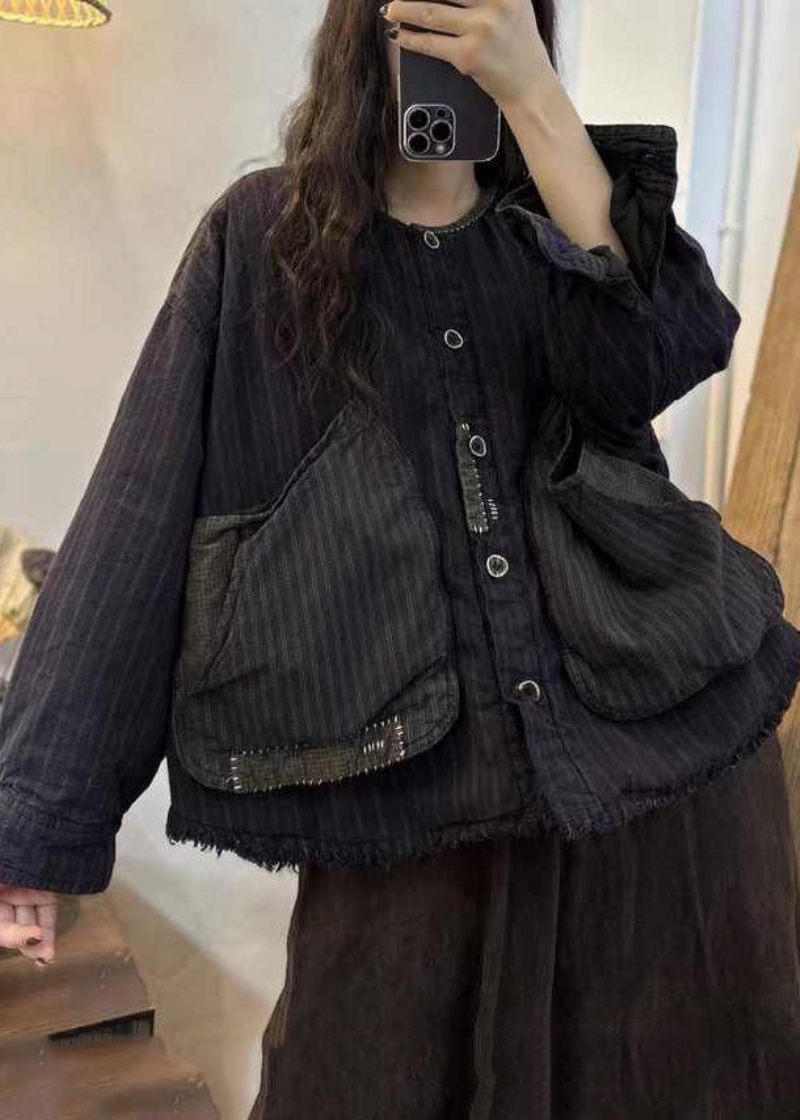 Casual Svart Brun Pläd Oversized Patchwork Stora Fickor Fin Bomullsfylld Kappa Vinter - Dunjackor för kvinnor