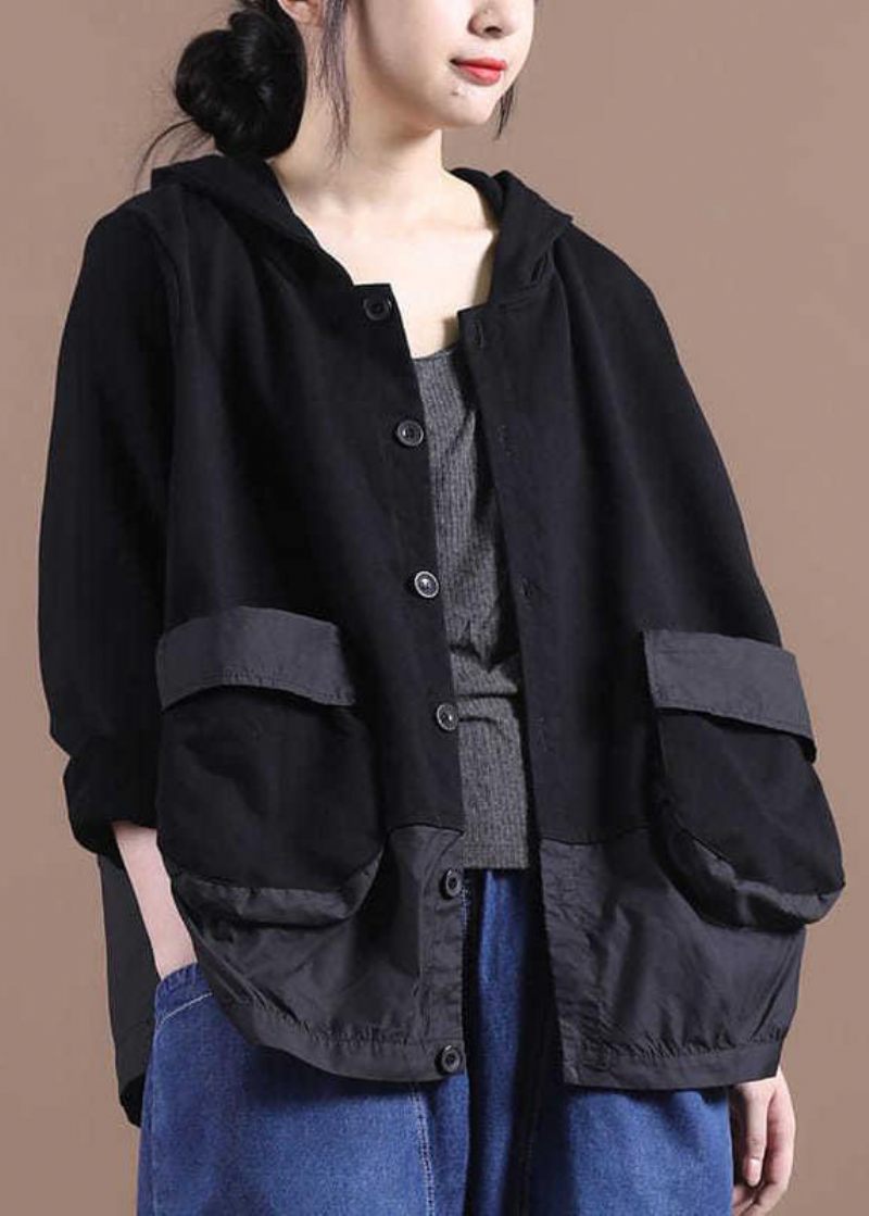 Casual Svart O-hals Patchwork Fickor Knapp Hooded Coat Långärmad - Svart