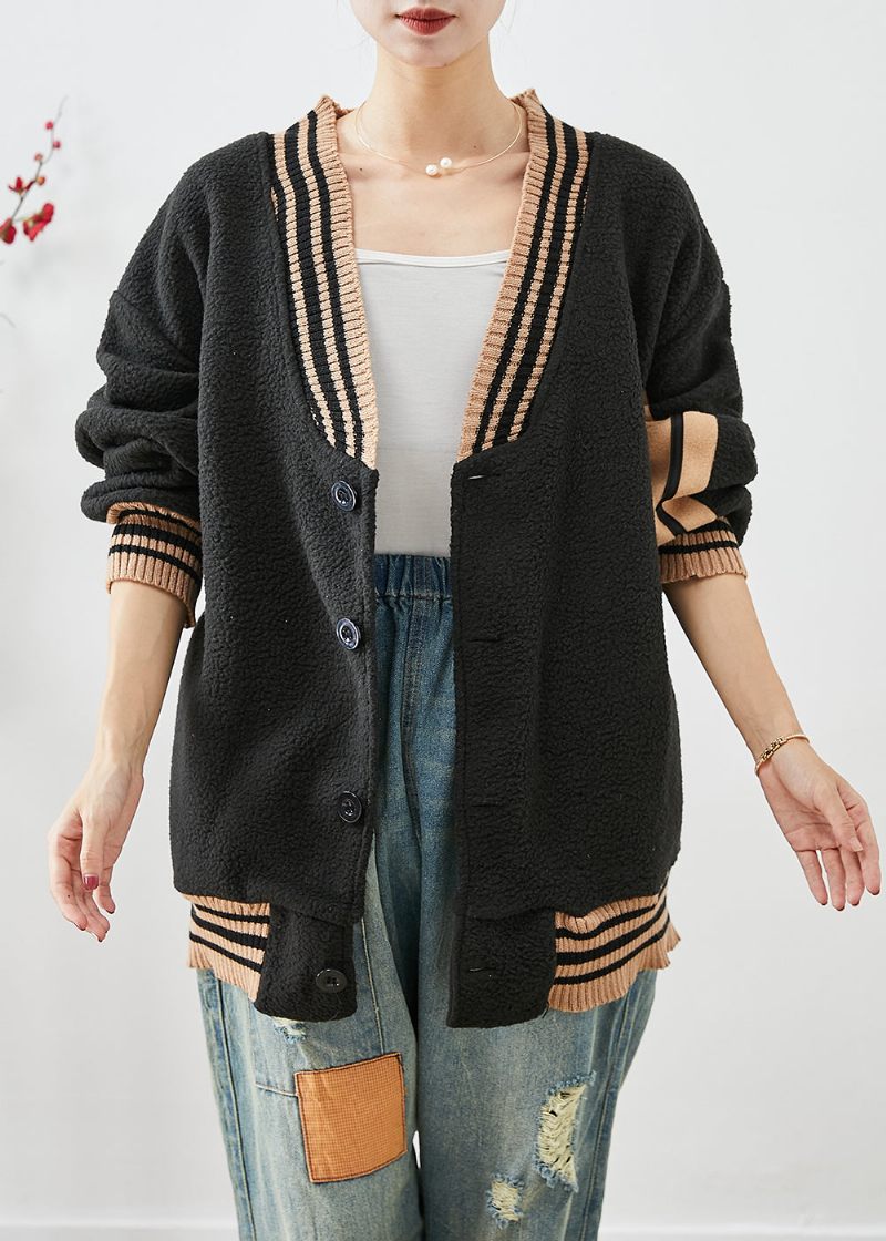 Casual Svart Oversized Patchwork Teddy Fuskpälsrockar Höst