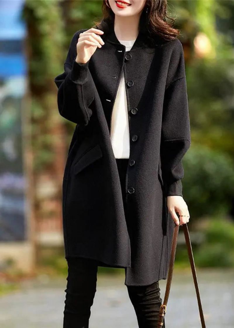 Casual Svart Oversized Single Breasted Woolen Trench Fall - Trenchcoats för kvinnor