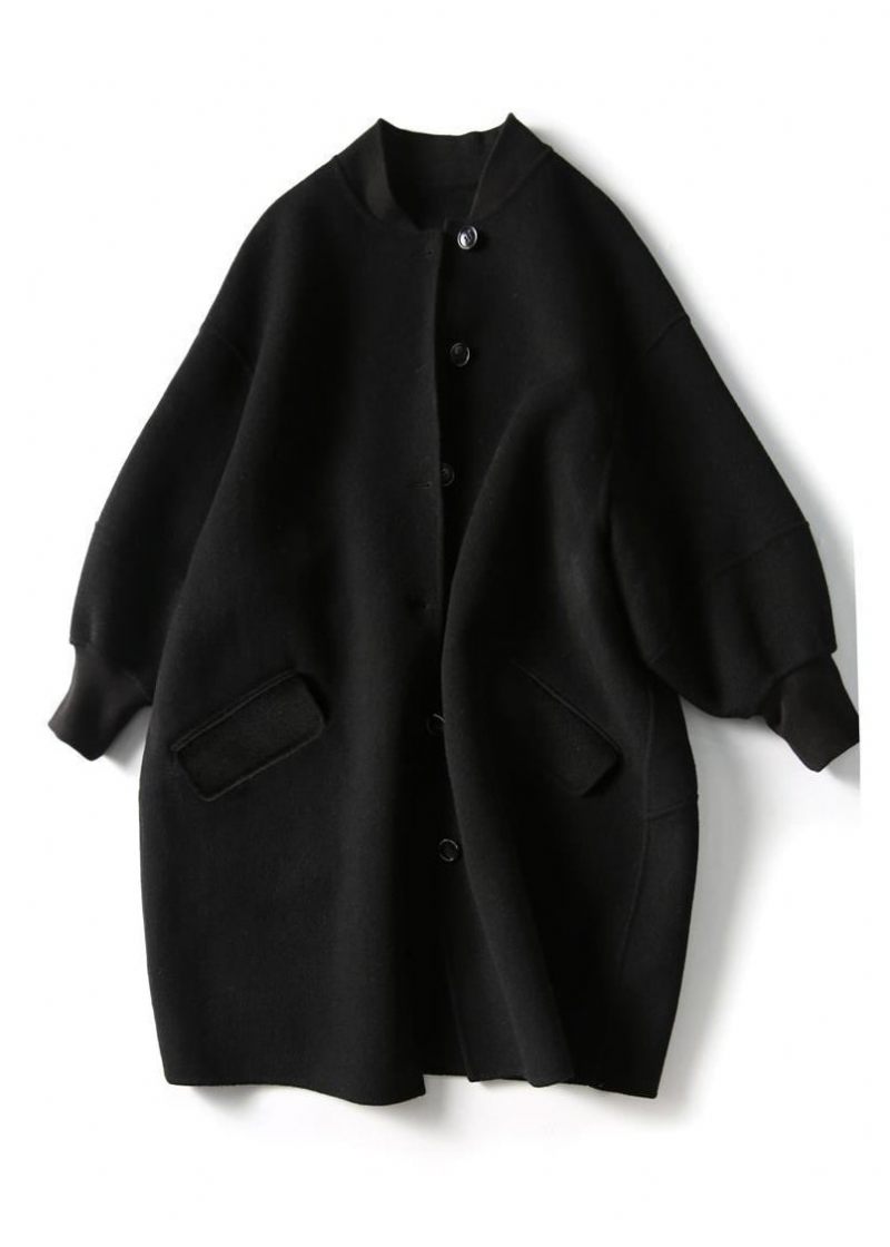 Casual Svart Oversized Single Breasted Woolen Trench Fall - Trenchcoats för kvinnor