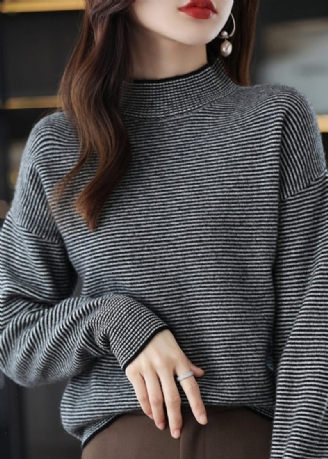 Casual Svart Turtleneck Randig Patchwork Yllestickad Topp Långärmad