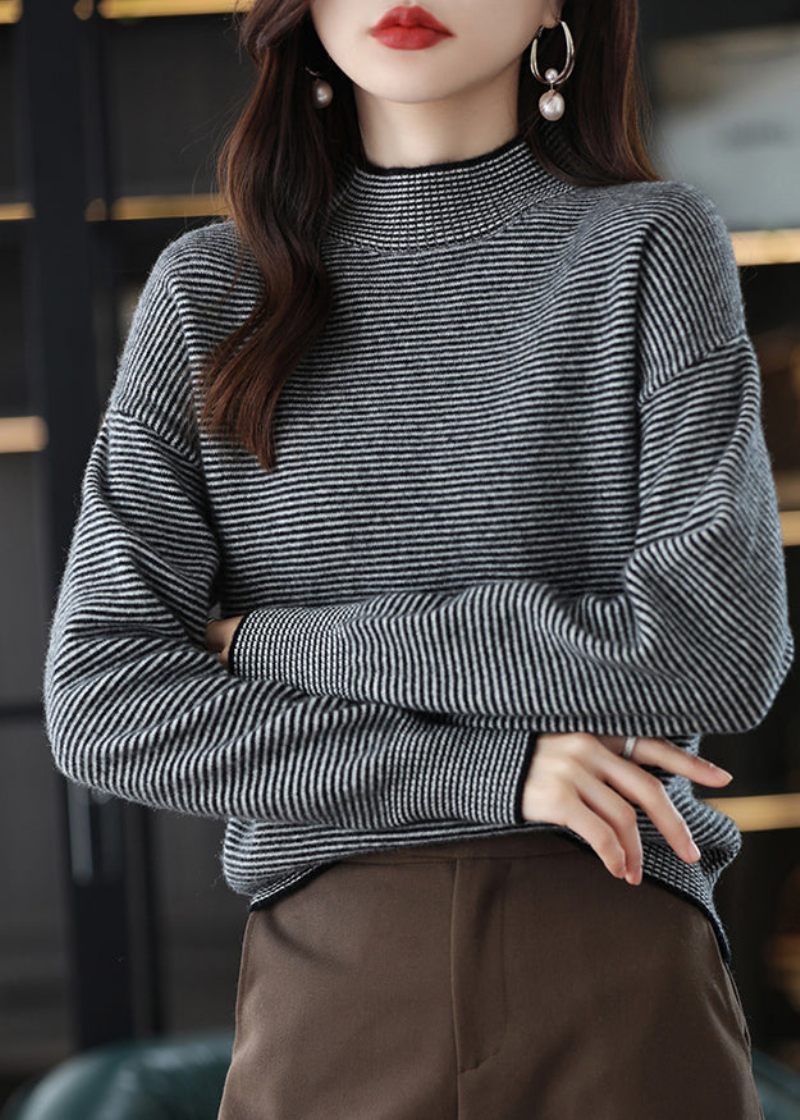 Casual Svart Turtleneck Randig Patchwork Yllestickad Topp Långärmad - Svart