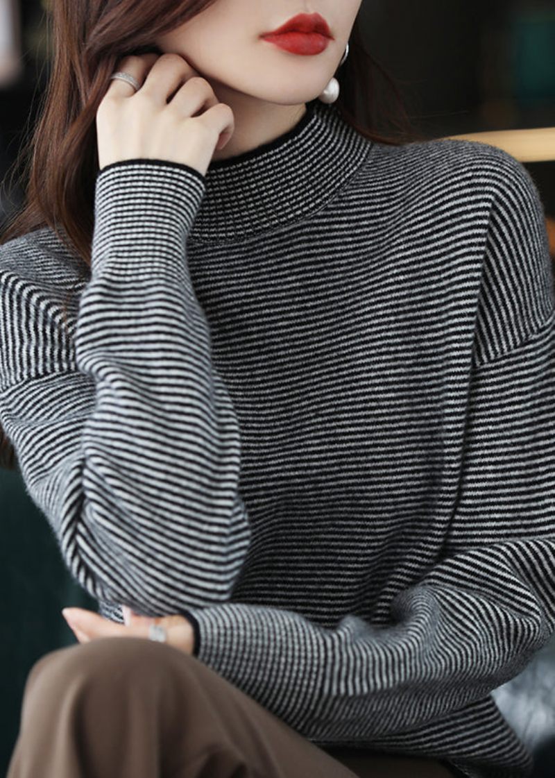 Casual Svart Turtleneck Randig Patchwork Yllestickad Topp Långärmad - Svart