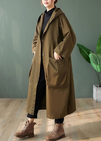 Casual Svarta Huvfickor Patchwork Bomull Långa Trenchcoats Långärmad