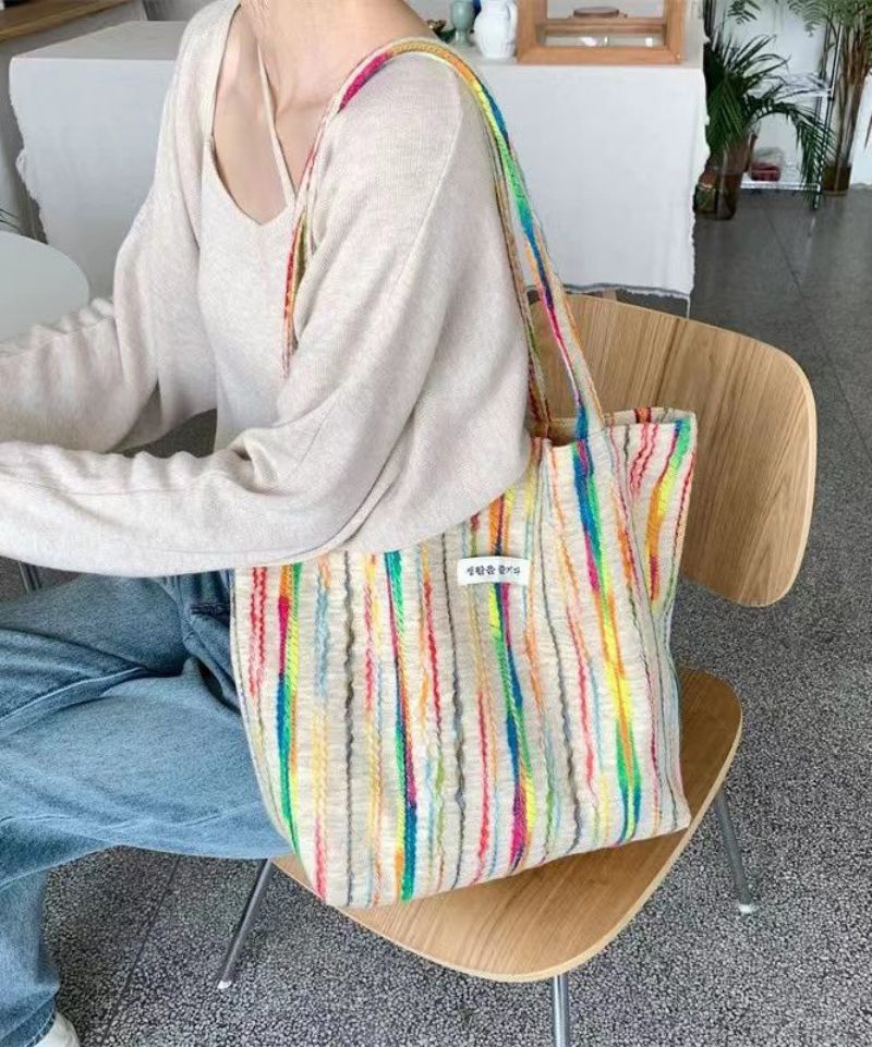 Casual White Colorful Stripes Handväska I Ylle Med Hög Kapacitet