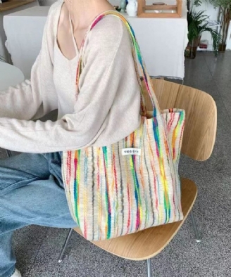 Casual White Colorful Stripes Handväska I Ylle Med Hög Kapacitet