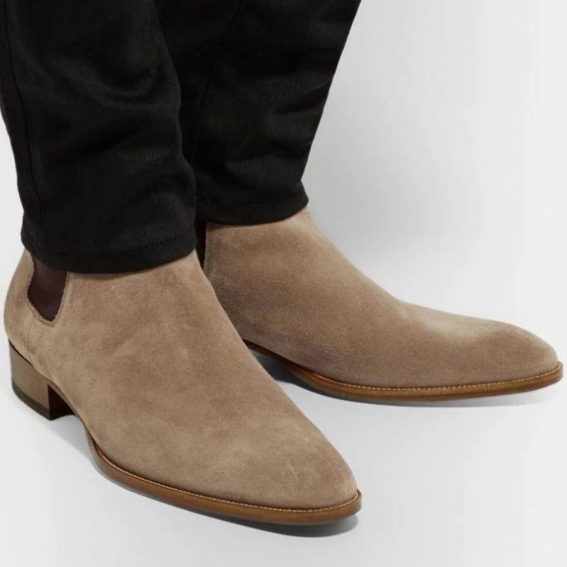 Chelsea Boots Herr Mocka Äkta Läder Matt Spetsiga Låg Klack Business Formella Stövlar Klassiska Komfort Andas - Kaki