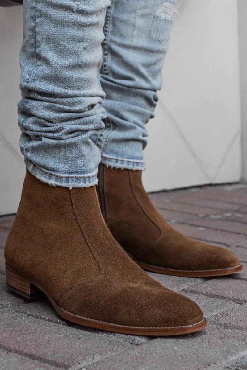 Chelsea Boots Herr Solid Låg Klack Side Zipper Professionella Klassiska Jeansstövlar