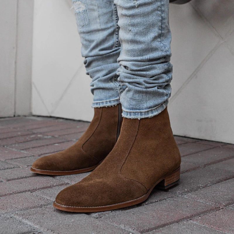 Chelsea Boots Herr Solid Låg Klack Side Zipper Professionella Klassiska Jeansstövlar - Brun