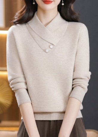 Chic Apricot Button Patchwork Varm Fleece Woolen Knit Top Spring