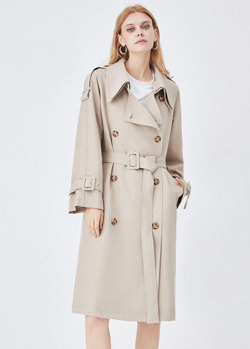 Chic Aprikos Dubbellagerkrage Dubbelbröst Bomull Cinch Trench Spring