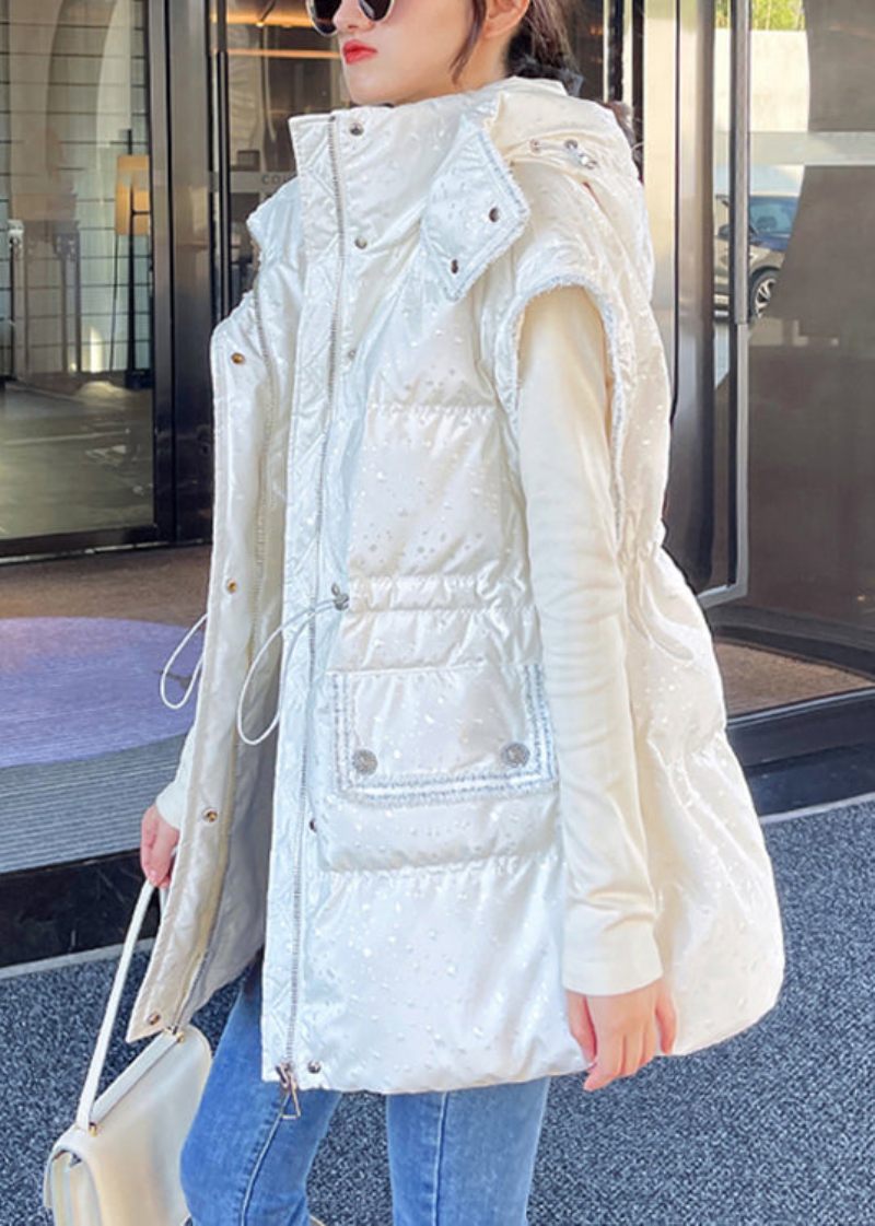 Chic Beige Hooded Dragsko Patchwork Avtagbar Ärm Duck Down Puffer Coat Vinter - Dunjackor för kvinnor