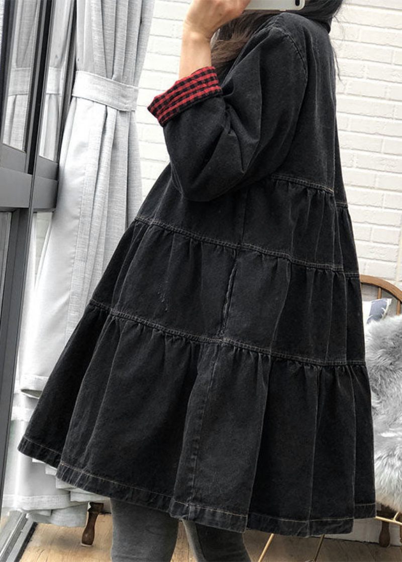 Chic Black Loose Button Patchwork Höst Trenchcoats Klänning