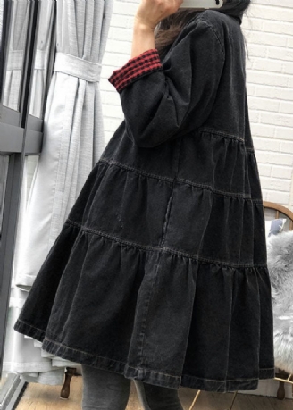 Chic Black Loose Button Patchwork Höst Trenchcoats Klänning