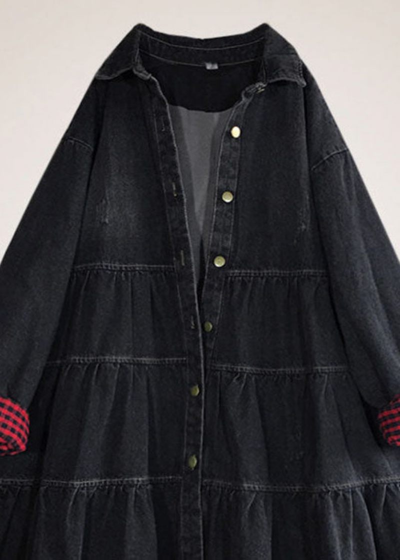 Chic Black Loose Button Patchwork Höst Trenchcoats Klänning - Vinterkappor för kvinnor