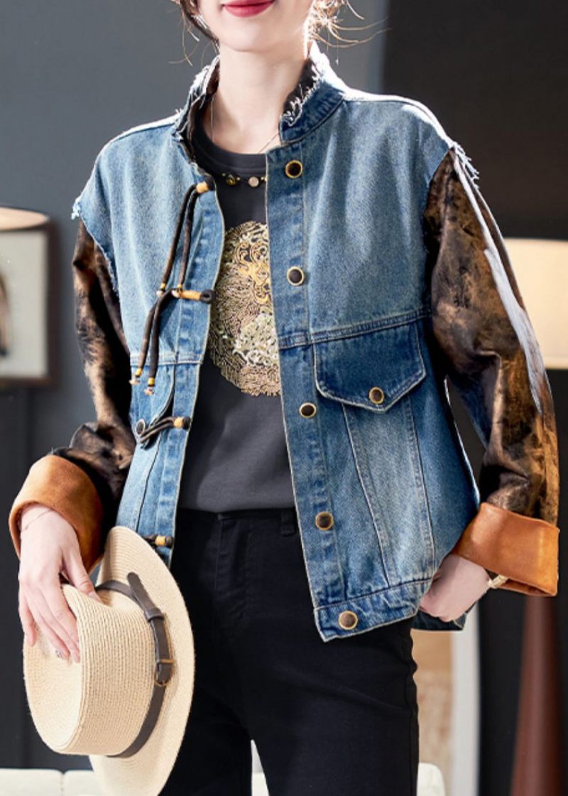 Chic Blått Knapptryck Patchwork Denim Coat Spring - Vinterkappor för kvinnor