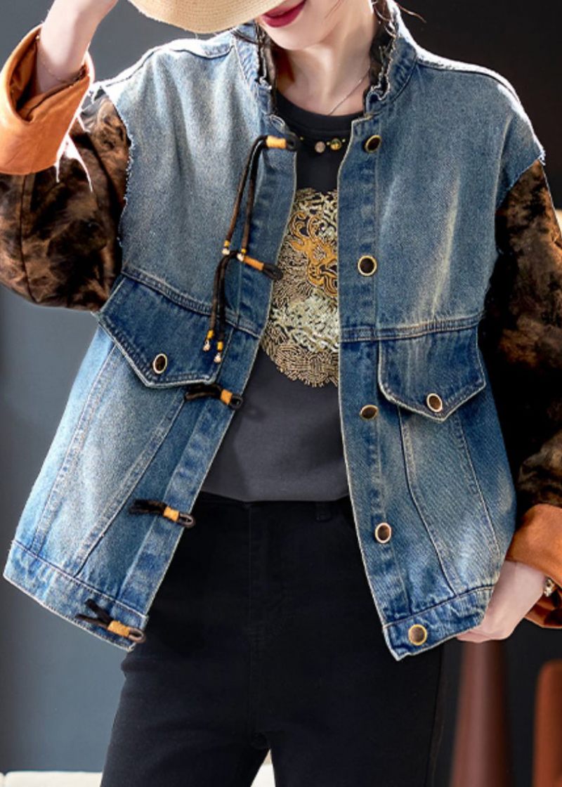 Chic Blått Knapptryck Patchwork Denim Coat Spring - Vinterkappor för kvinnor