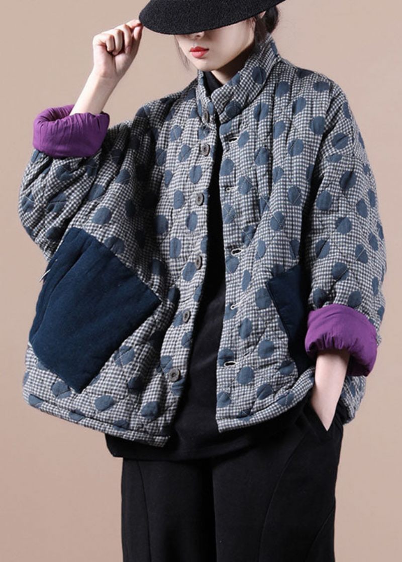 Chic Blue Pockets Patchwork Dot Winter Cotton Coat