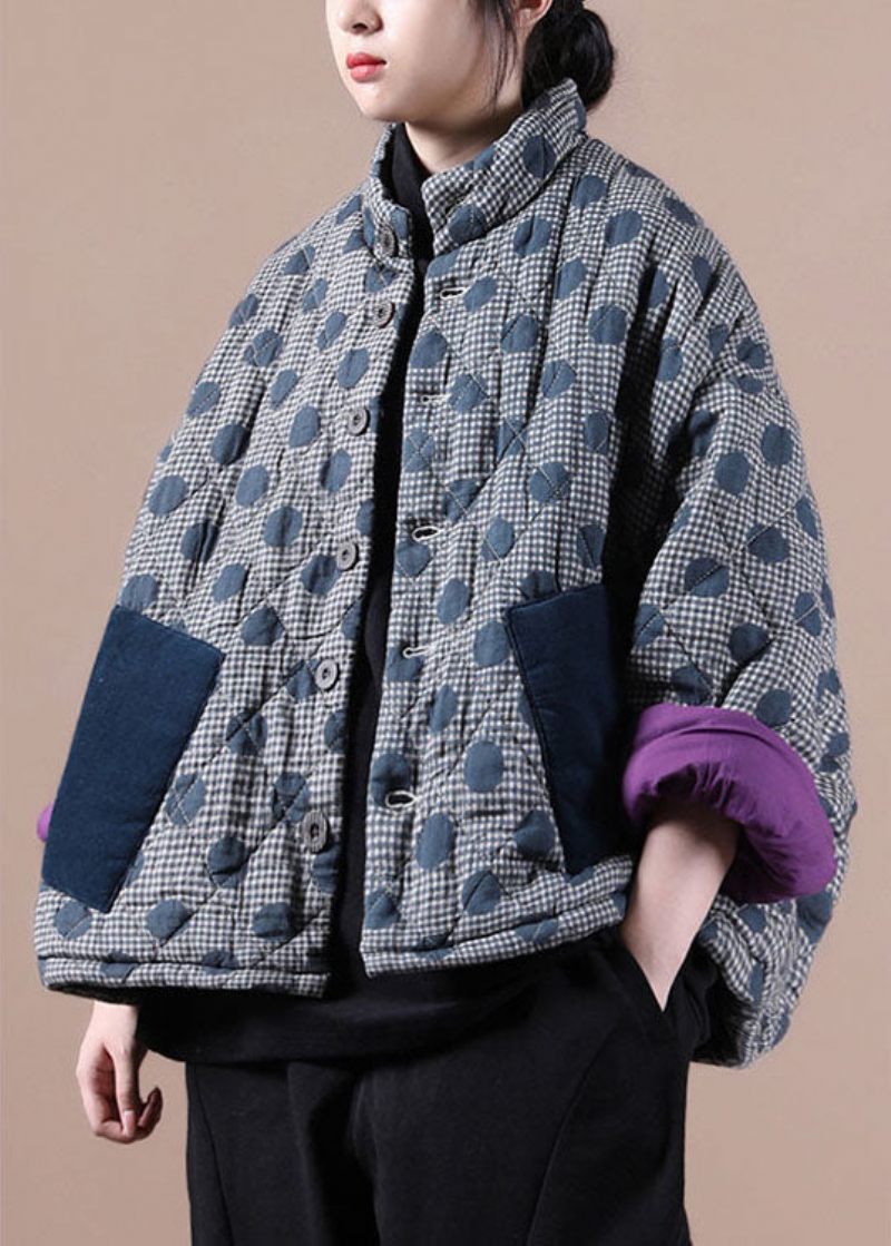 Chic Blue Pockets Patchwork Dot Winter Cotton Coat - Lila